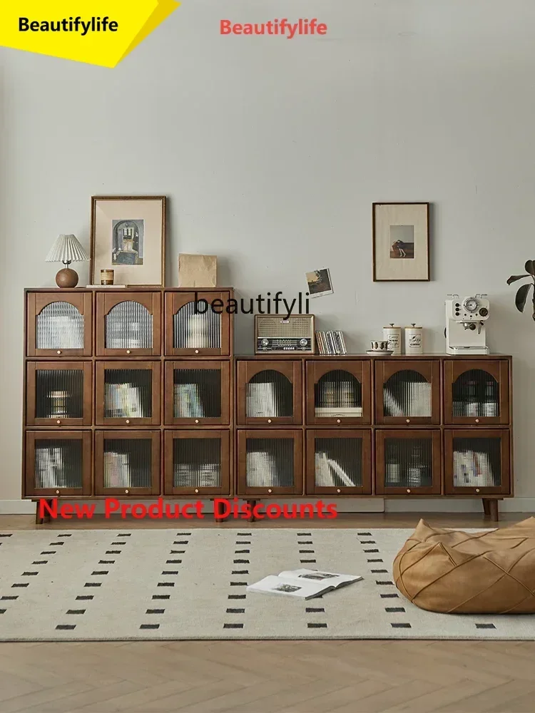 

Q181 lt Solid Wood Display Cabinet Bookcase with Glass Door Dust-Proof Arch Storage Low Cabinet Living Room Retro Storage