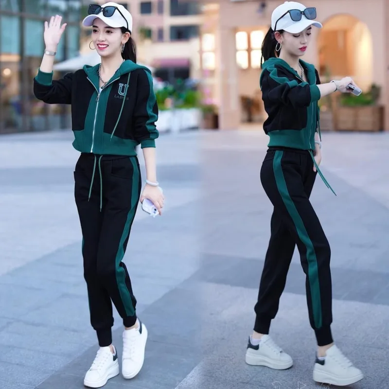 Women\'s Fashion Casual Sports Suit 2023 Spring Autumn New Cardigan Hooded Tops Sweater Coat And Pants 2 Two Piece Set For Women