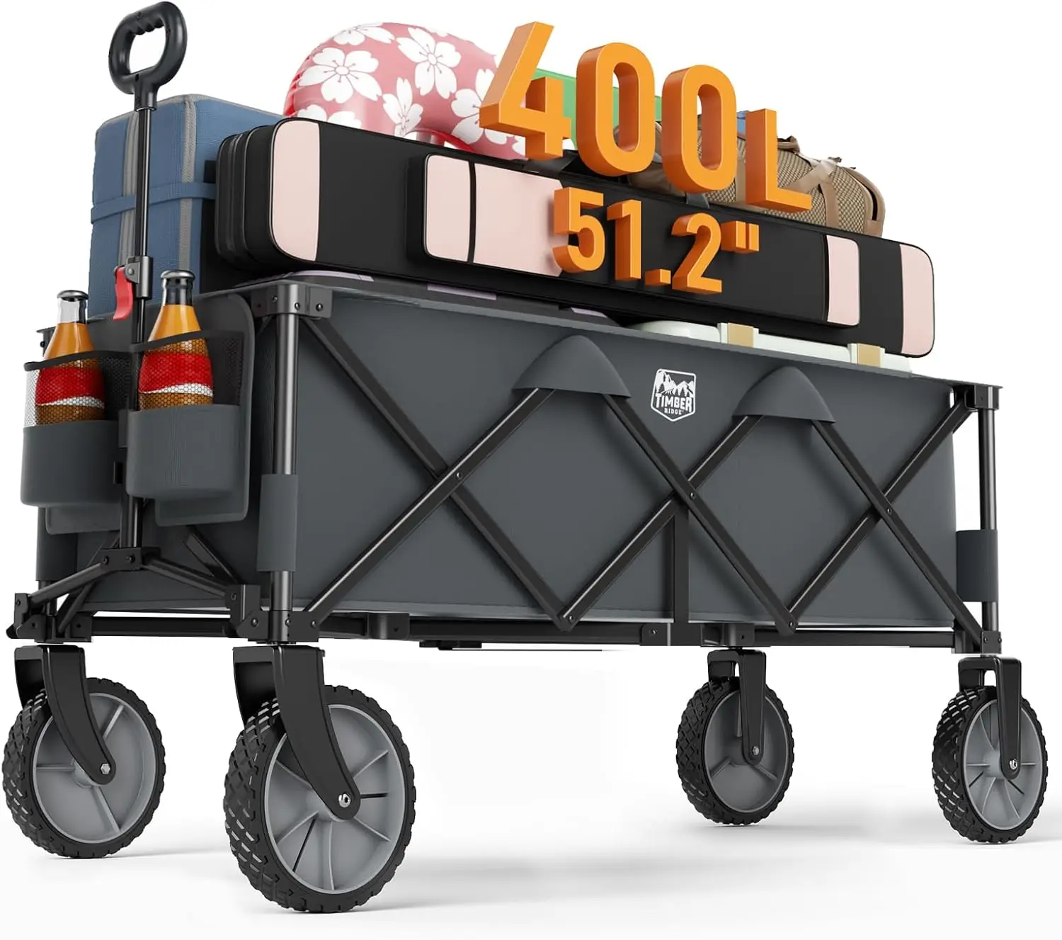 

51.2'' Extended Collapsible Wagon Cart, 500LBS Heavy Duty Foldable Utility Wagon with Adjustable Handle, 400L Capacity Portable