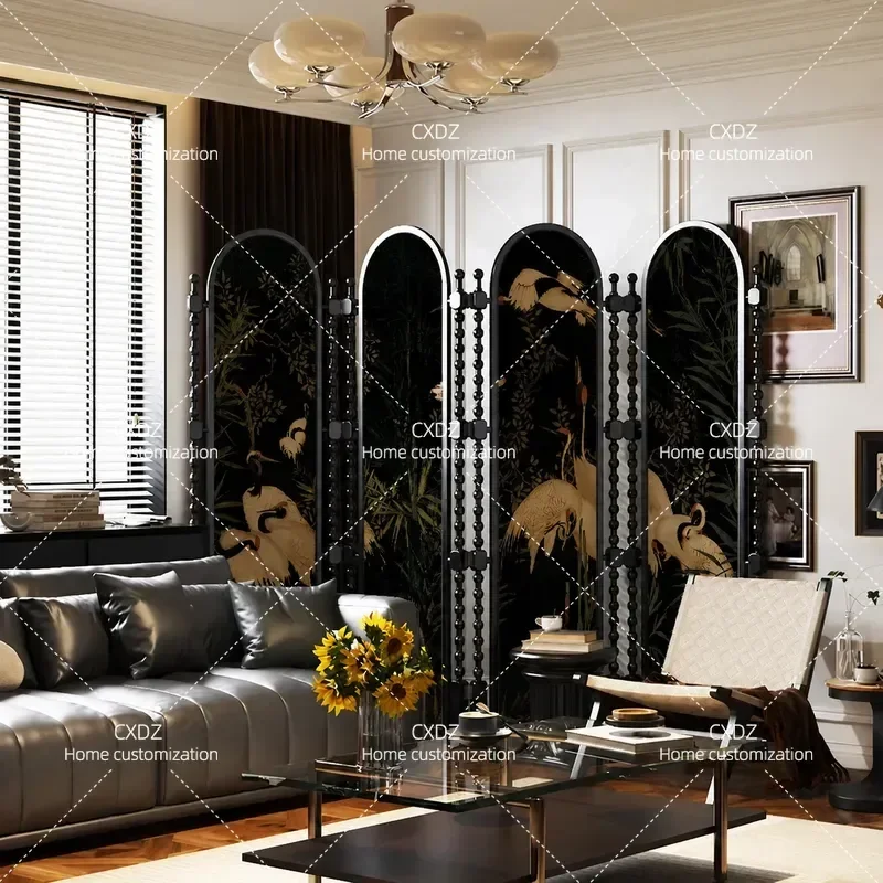 French Medieval Style Solid Wood Folding Screen Partition Mobile Room Divider for Living Room Office Entrance Simple Crane