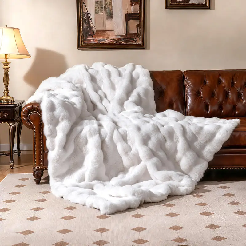 Luxury Fuzzy Plush Rabbit Fur Bubble Blanket for Armchair-White