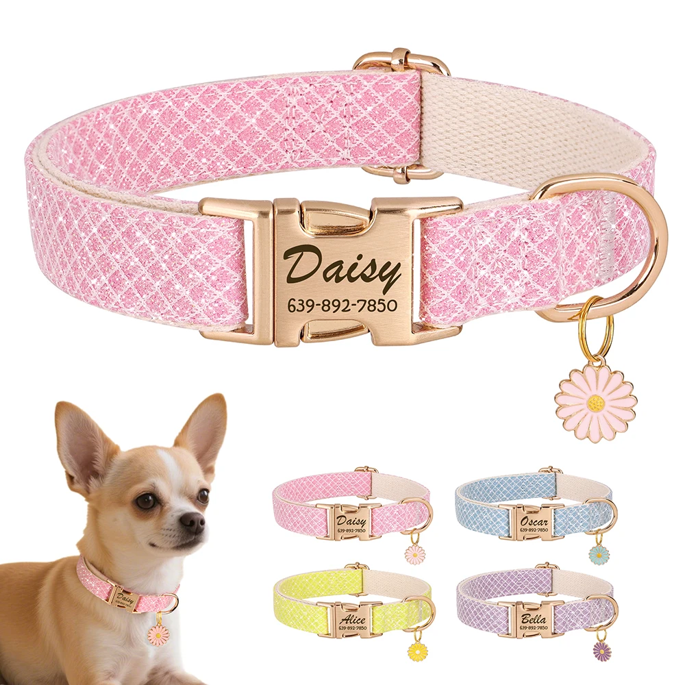 

Personalized Dog Collar Bling Puppy Dog ID Collars Free Engraved Name Tag Cute Flower Accessory For Small Medium Dogs Cats Pink