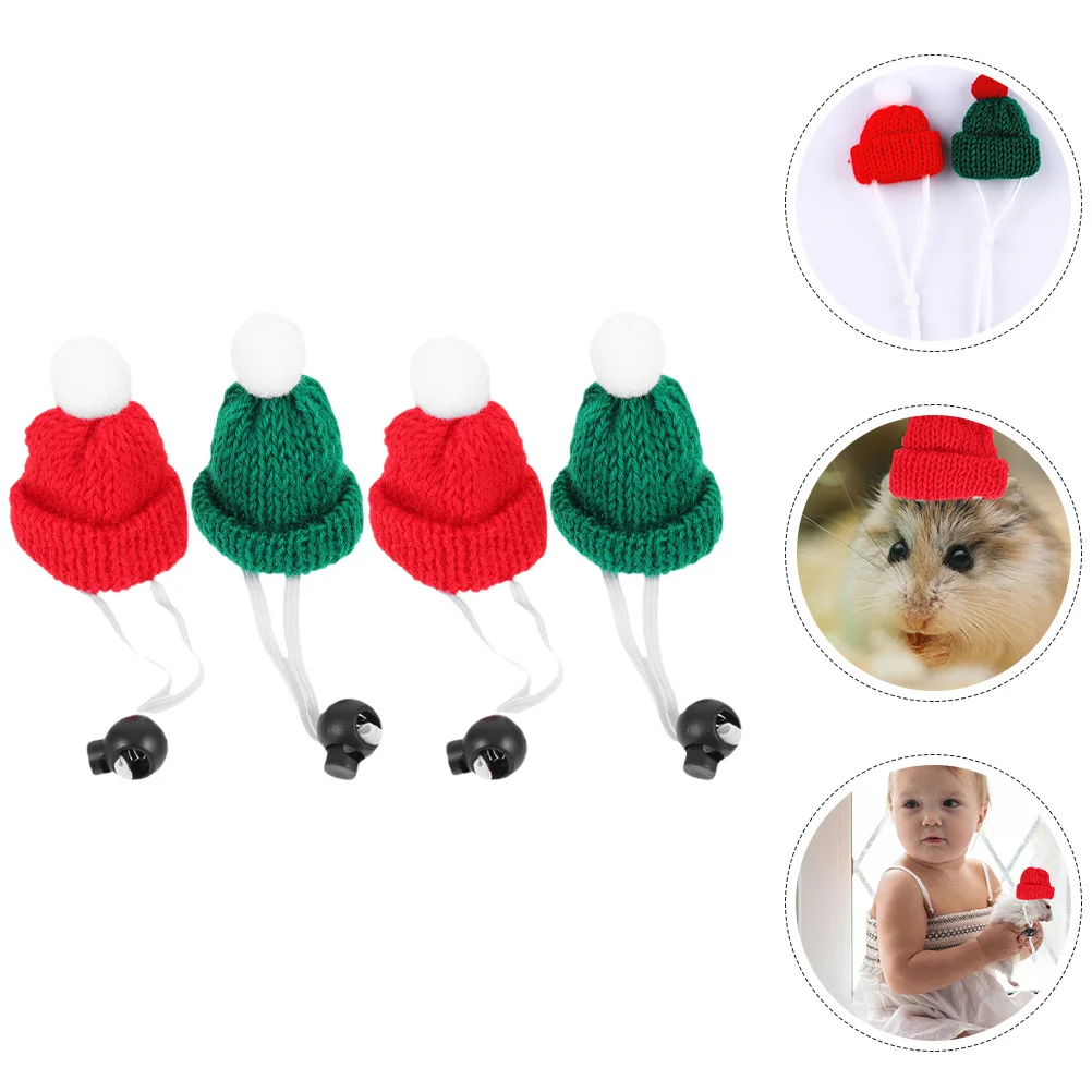 

4Pcs Pet Hat Ornaments Christmas Knitting Cap Soft Warm Adjustable Mini Hat for Hamster Rabbit Reptile Holiday Decoration