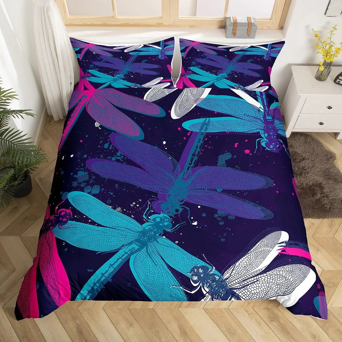 Dragonfly Duvet Cover Boho Wild Animal Dragonfly Bedding Set Twin Queen for Kids Adult Room Decor,Rustic Country Comforter Cover