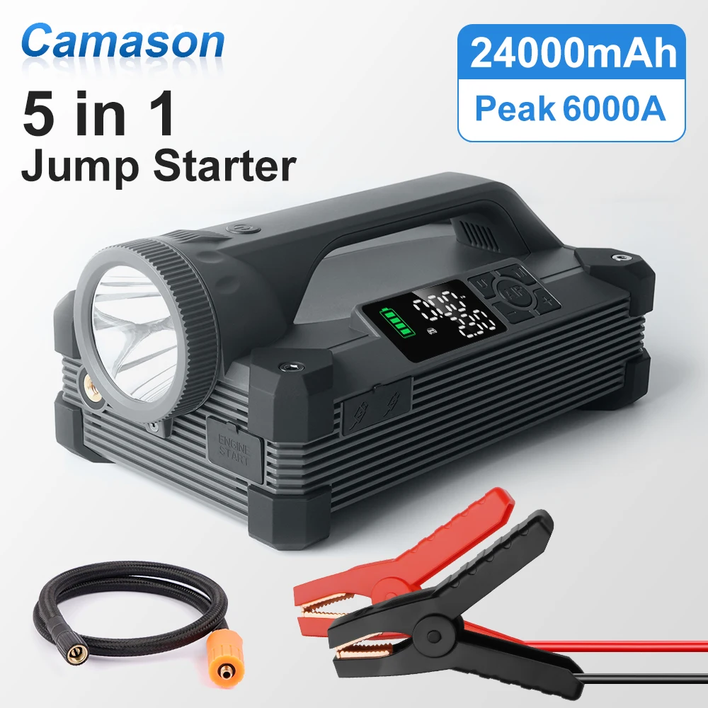 Camason Car Jump Starter with air pump Portable Compressor Flashlight Automotive Booster Assecories Camping bulb Power Bank