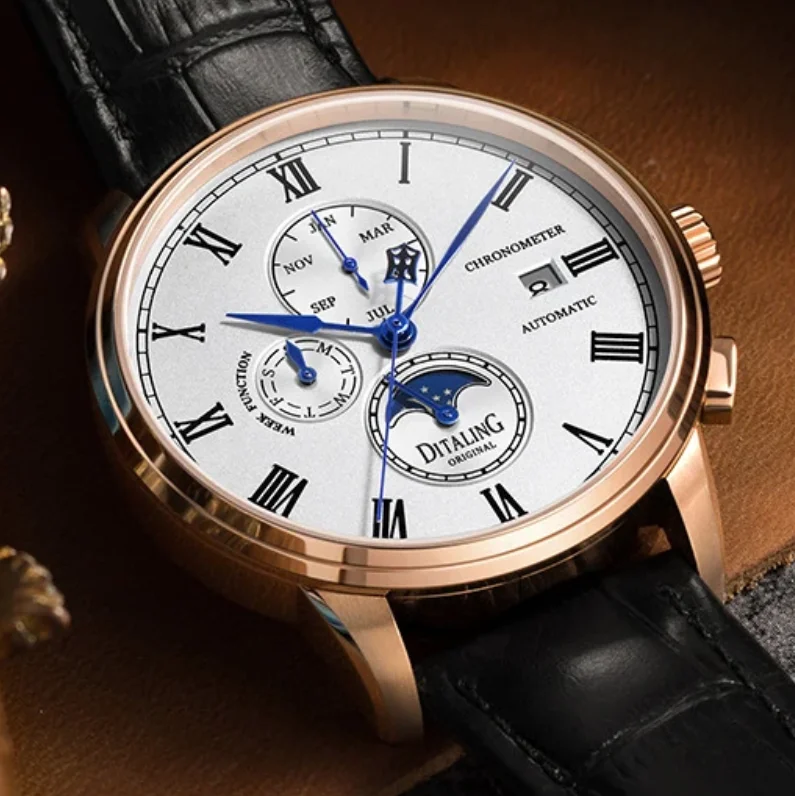 DITALING Men Automatic Watch 40MM Mechanical Wristwatch Waterproof Sapphire Mirror Multi-Dial Month Week Date
