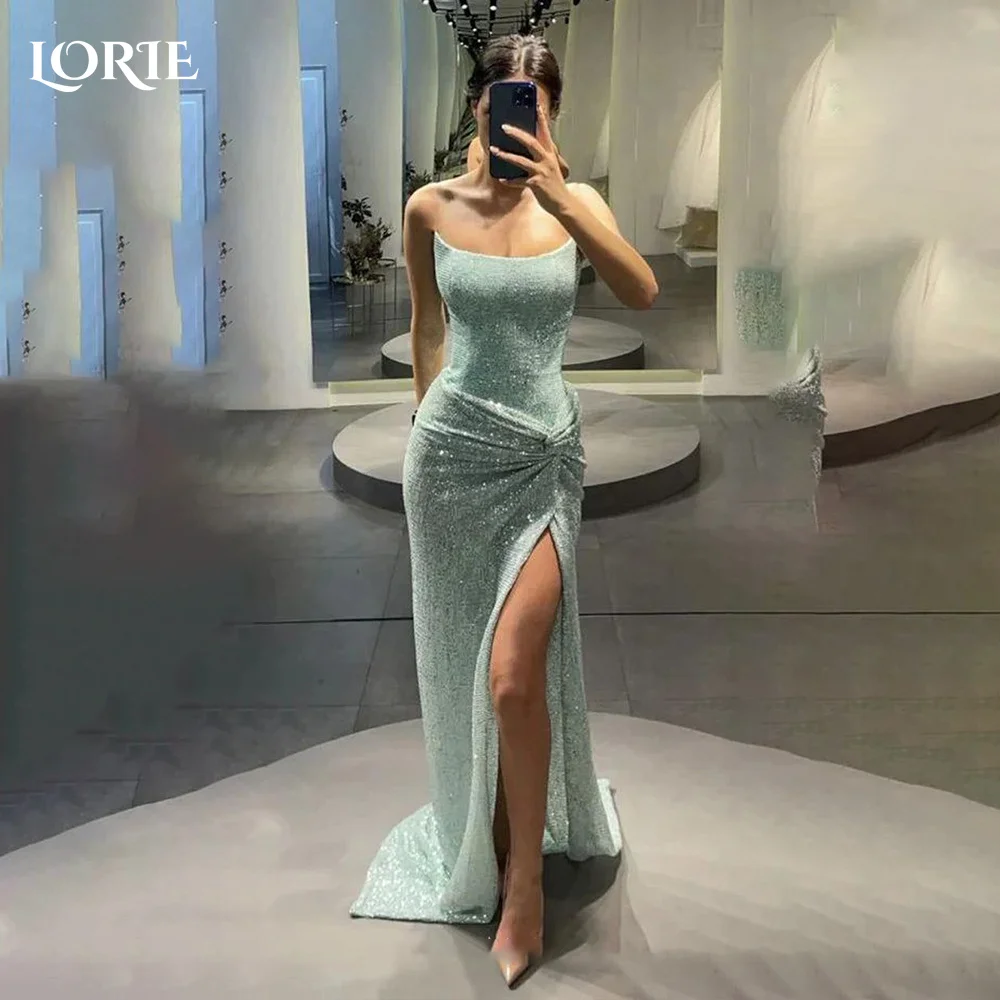 

LORIE Slit Tulle Arabia Evening DressShiny Pleats Floor Length Mermaid Prom Dresses Pleats Illsion Arabia Party Gown Customized
