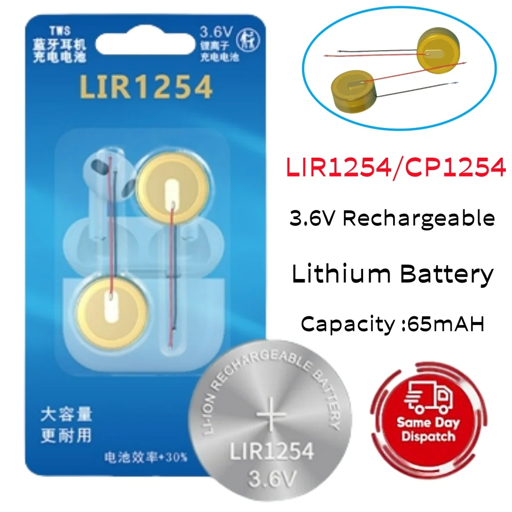 2 قطعة/الوحدة LIR1254 مع خط بطارية ليثيوم لسماعة رأس بخاصية البلوتوث ماوس سلك لحام 3.6 فولت خلية عملة قابلة للشحن