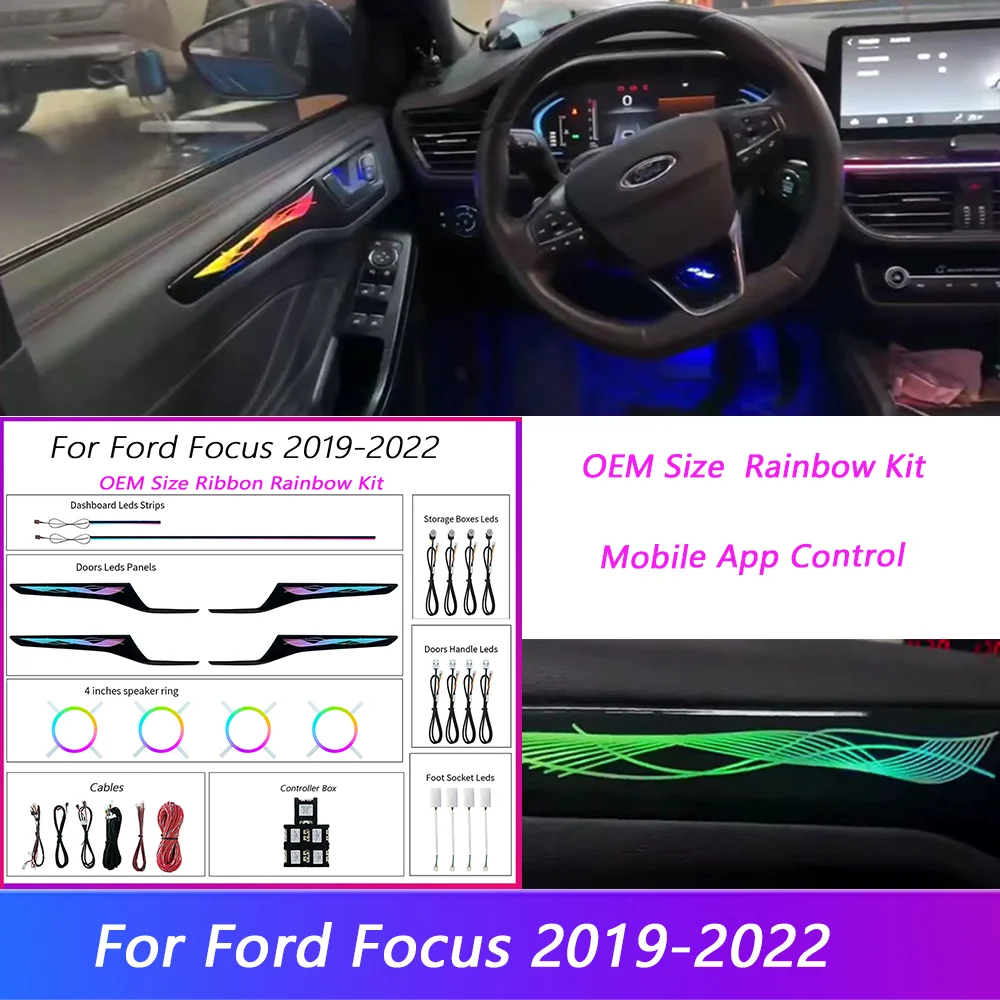 LED Car Inner Ambient Light For Ford Focus 2019-2022 Model Year Upgrade and modify  OEM Size Ribbon Rainbow Kit Ambient Lamp