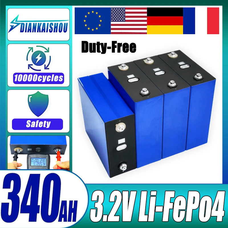 New 3.2V 340AH Lifepo4 Battery Grade A 3C High Power DIY 12V 24V 48V EV RV Solar Energy Storage Rechargeable Battery Duty Free