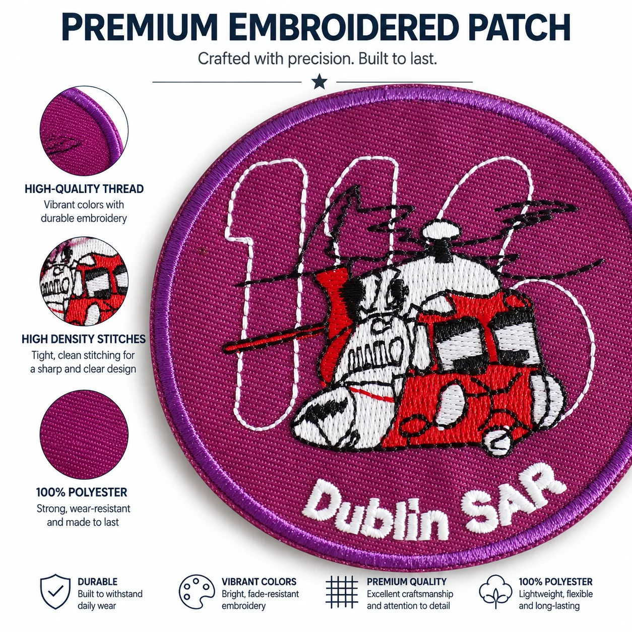 Dublin SAR 116 Helicopter Embroidered Patch Search & Rescue Morale Badge Hook and Loop for Clothes Backpacks Hats & Everything