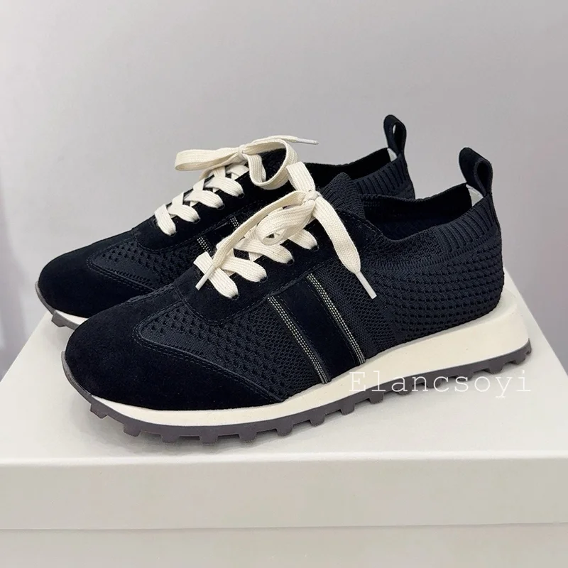 フラットシューズ女性ストリングビーズ編み通気性スニーカーラウ - Knit Fabric Lace Up Sneakers のレビューと価格