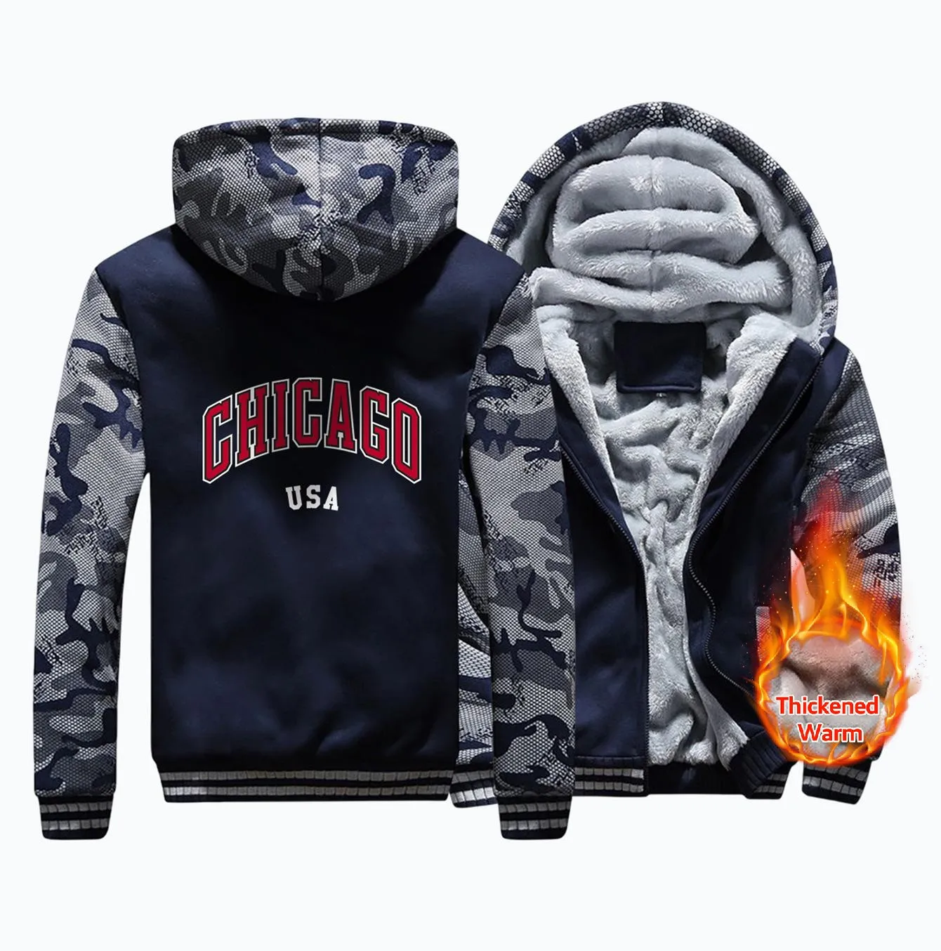 Chicago Creative Patterns Mens Hoodie Thickened Warm Zipper Casual Loose Hooded Simple Fleece Street Crewneck Winter Tops 