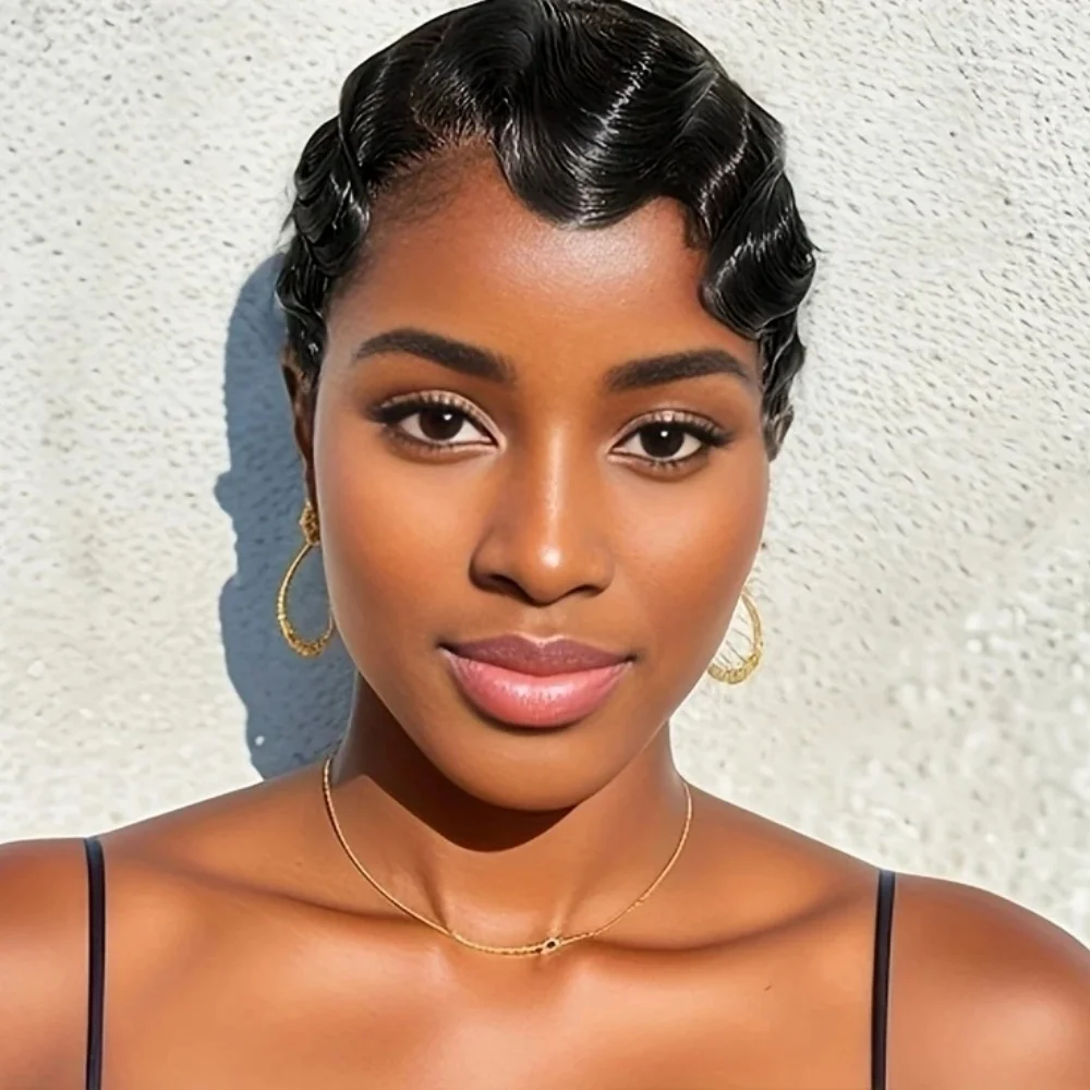 픽시 컷 인모 가발 핑거 웨이브 프리미엄 풀 머신 제작 150% 밀도