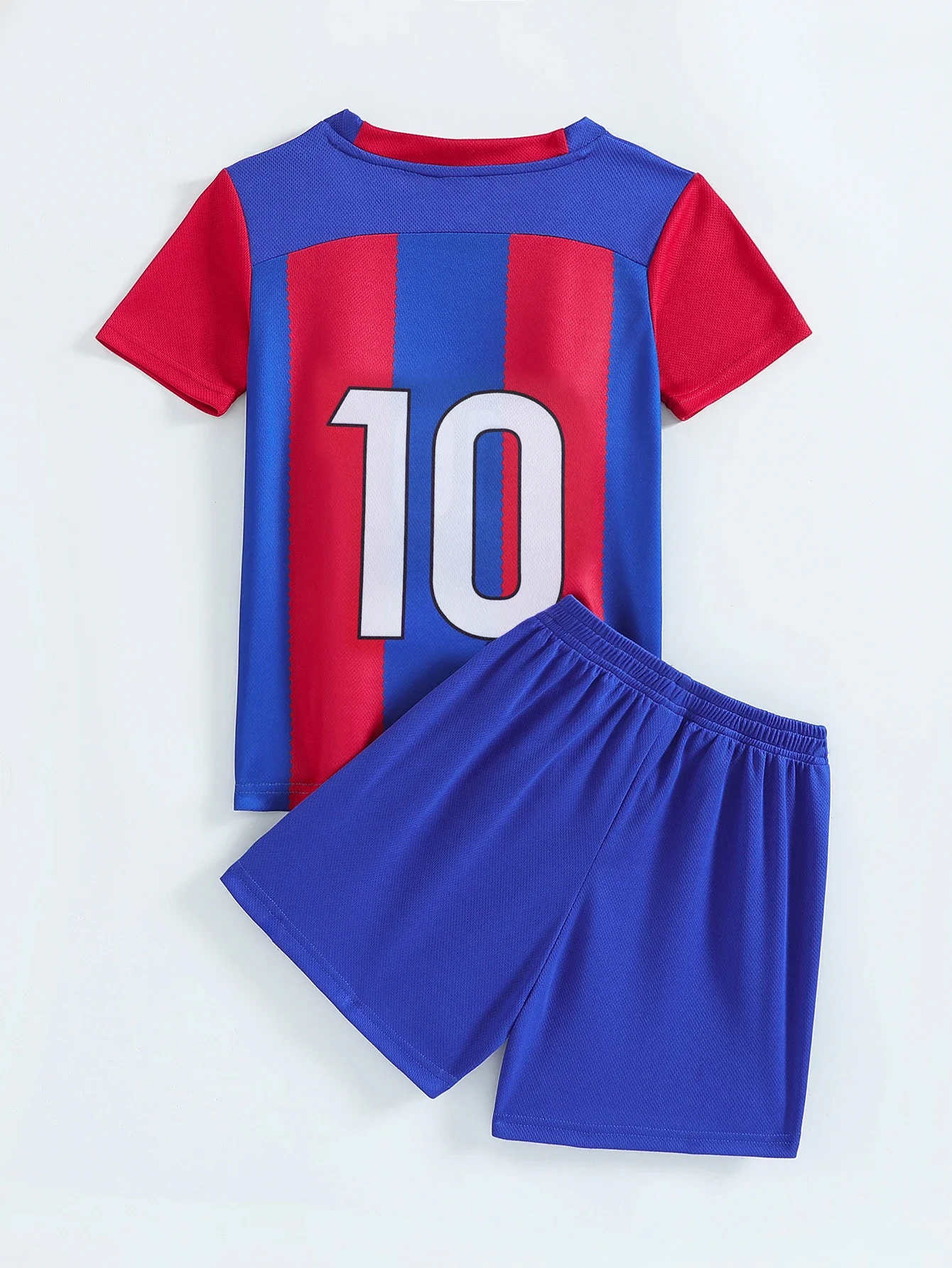 2-Pcs Custom Soccer Jersey Set for Boys 3-13Y Eco-Friendly Red/Blue Vertical Stripe Recyclable Fabric with Personalized Name
