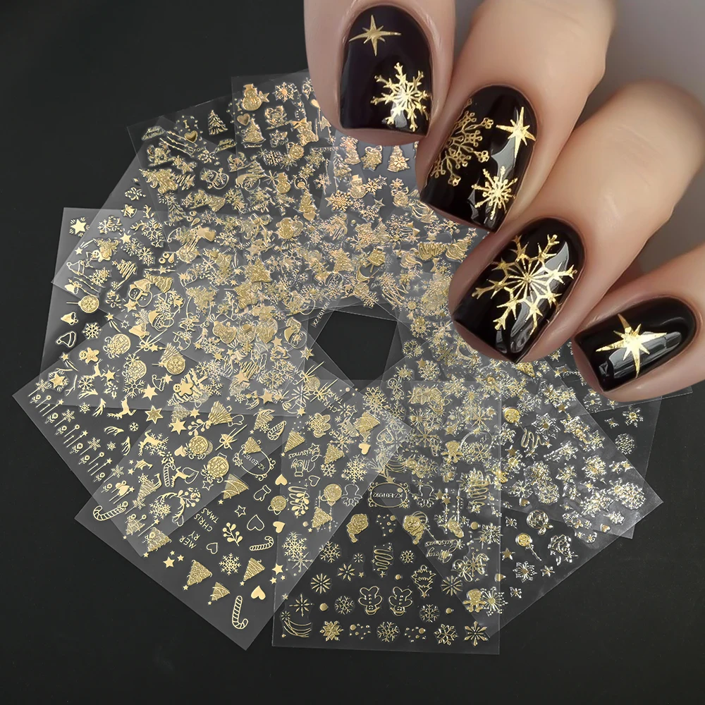 12pcs 3D Gold Christmas Nail Stickers Sparkling Snowflakes Santa Hat Xmas Tree Nail Decals Winter Happy New Year Manicure Slider
