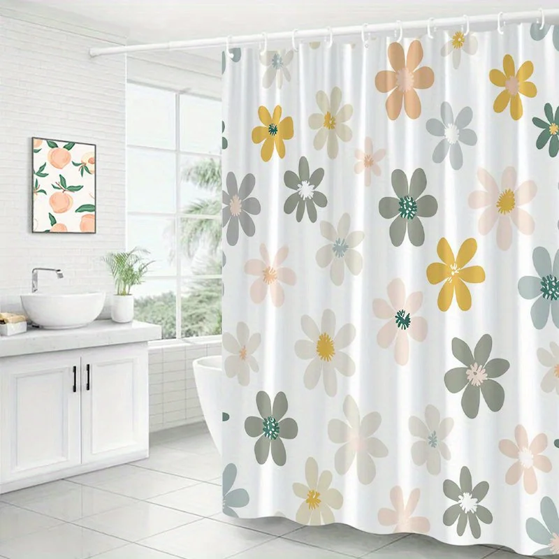 Minimalist Floral Shower Curtain  Seamless Beige Gray, Blue  Pink Blooms on White, 12 Hooks, Machine Washable, Modern Bath Decor