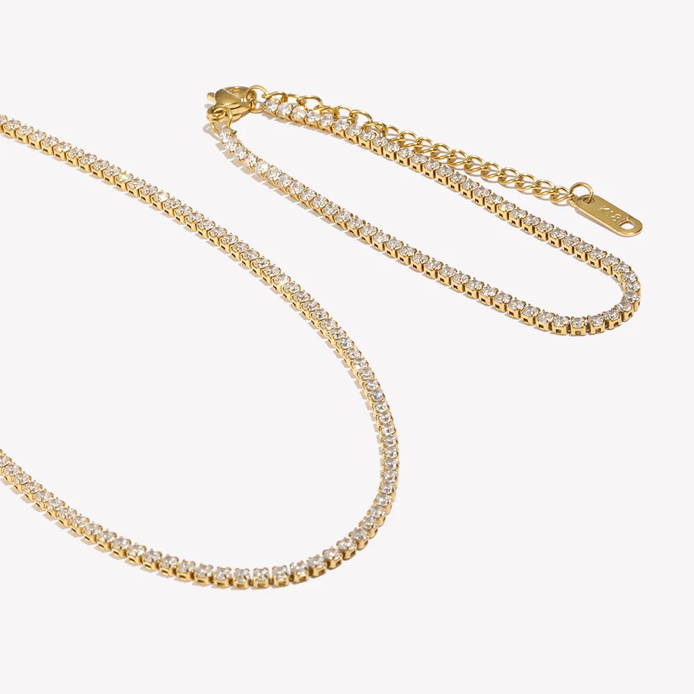 E.B.belle Minimalist 2mm Zircon Chain Chain Necklace Bracelet Jewelry Set Stainless Steel Base Crystal Chain Wedding Jewelry