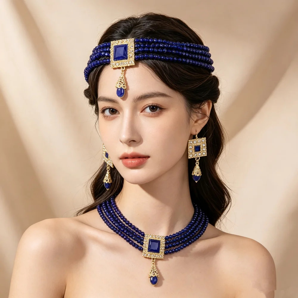 Handmade Multi-Layer Beaded Headpiece with Metal Pendant Versatile Middle Eastern Wedding Or Party Ladies Hair Accessory