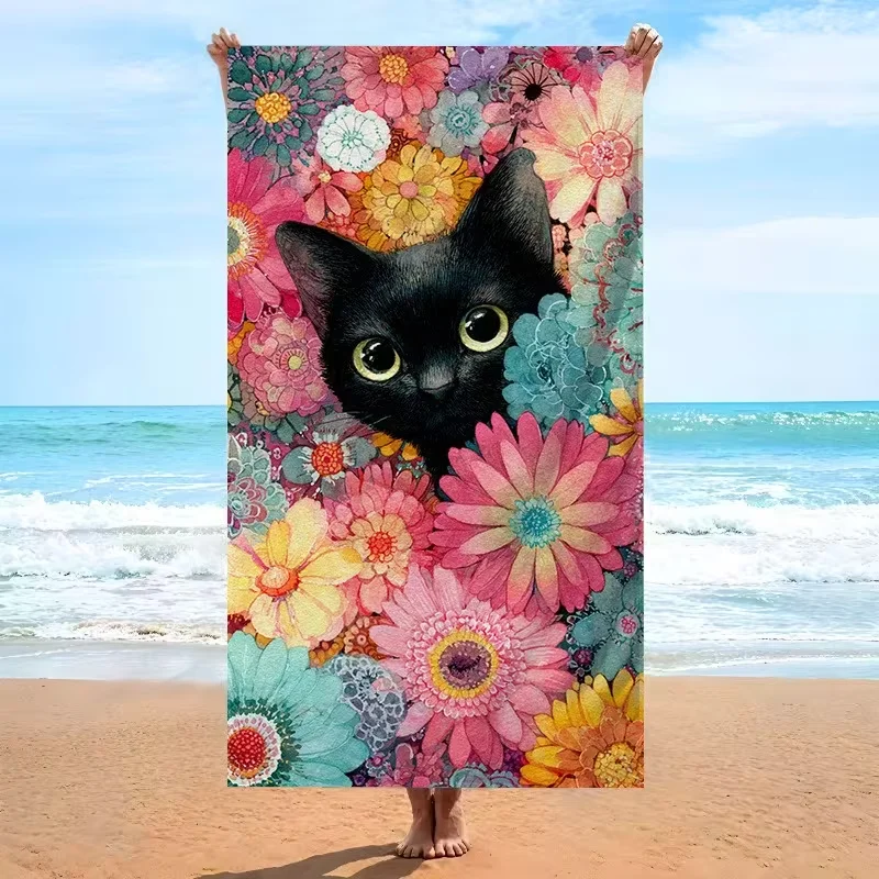 Cute Black Cat Surrounded Vibrant Flowers Beach Towel Sand Resistant Towel Lovely Pet Print Cat Lover Gift Beach Pool