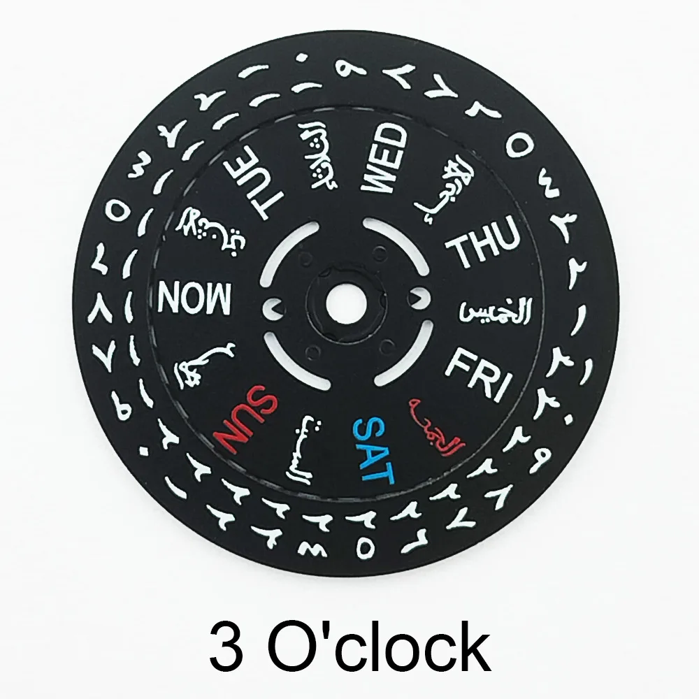 Runder Kalender/Radkalender-Scheibe für NH-35-36 Uhrwerk, arabische Ziffern, Datum bei 3/3,8 Uhr, Tag, Uhrwerk-Modifikationsteile – Detail 2