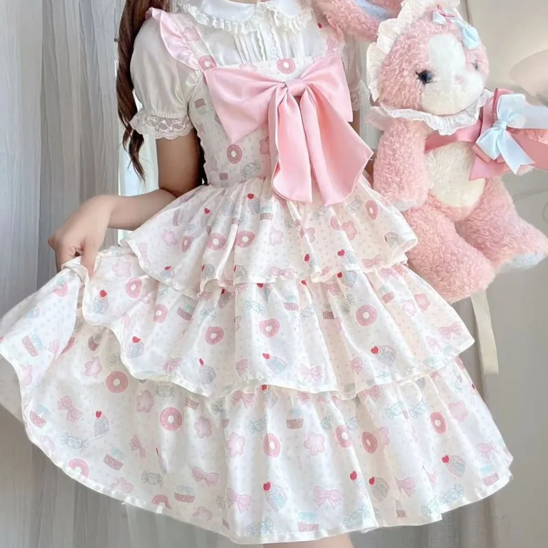

Summer Kawaii Sweet Loose Dress Women Japanese Fashion Pretty Print Design Lolita Outfits Female Cute JSK Cake Short Dresses New
