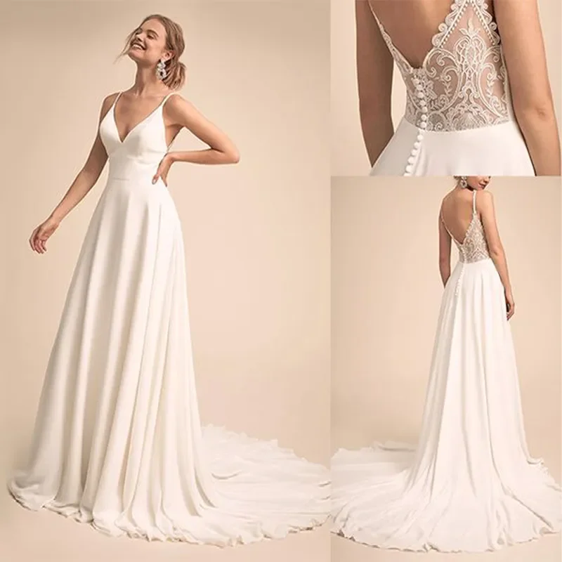 LZPOVE Simple Charming Deep V-neck With Lace Up Back Wedding Dress Chiffon and Satin Bridal Dress vestido de festa de casamento