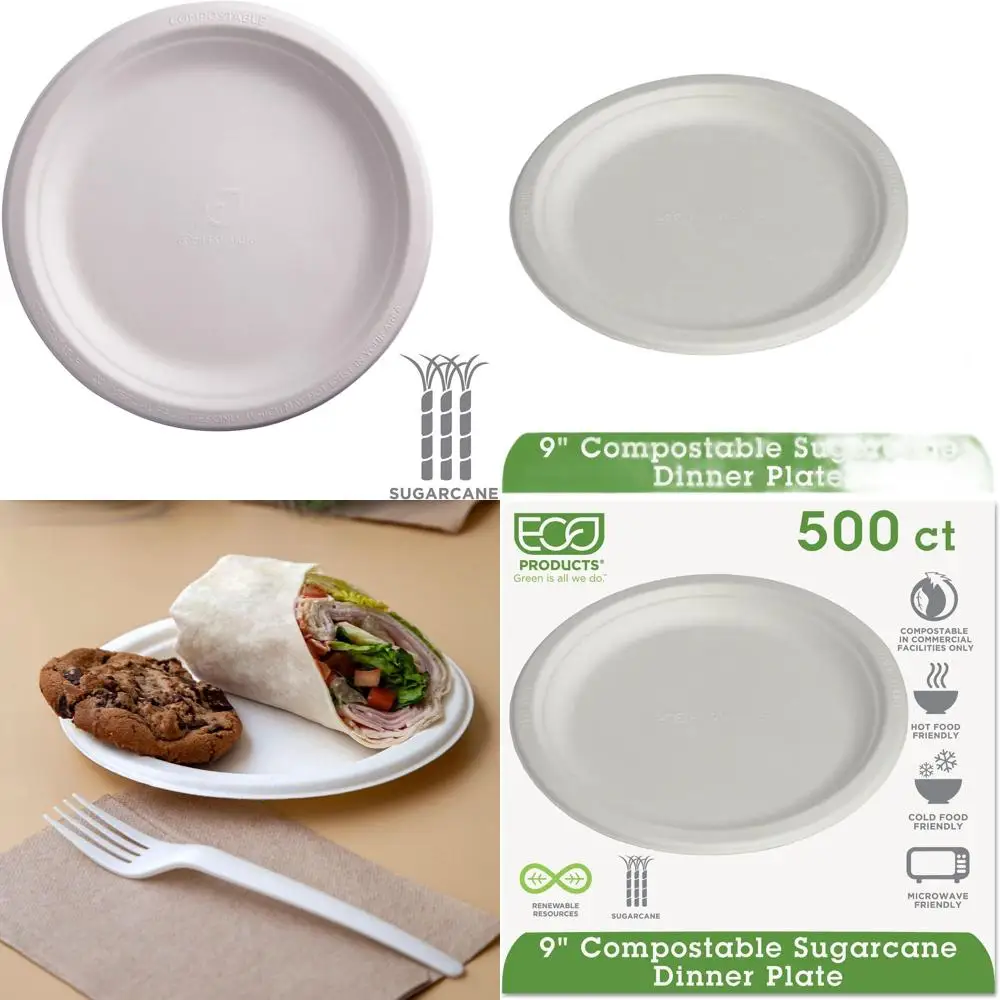 Pratos ecológicos de cana-de-açúcar, 9 polegadas, pacote com 500 por caixa