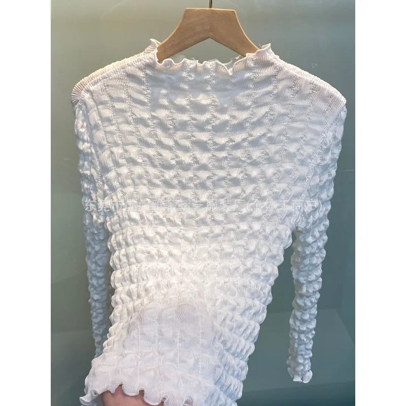 مياكي مطوي الدانتيل قاع تي شيرت الخريف والشتاء جديد سليم رقيقة نصف عالية الرقبة موضة مع بلوزة بأكمام طويلة الملابس