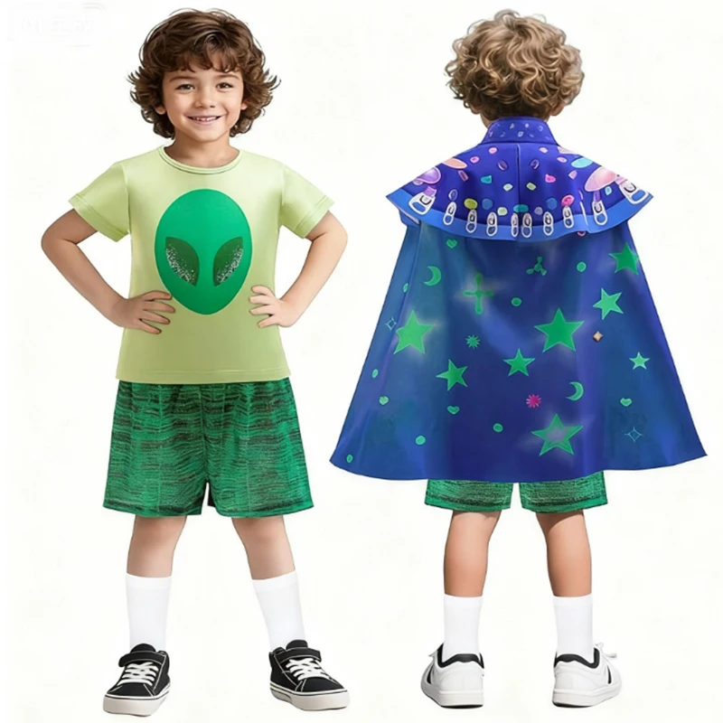 عيد الميلاد بنين الأرض مفوض زي الفضاء اكسبلورر زي الاطفال قميص السراويل عباءة مجموعة بوريم كرنفال تأثيري حلي