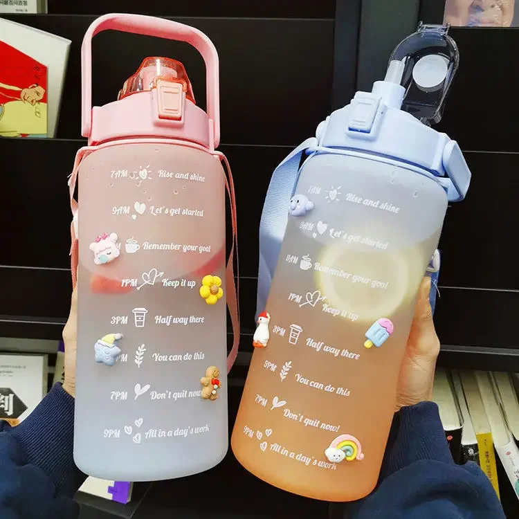 2L Large Capacity Water Bottle With Bounce Cover Time Scale Reminder Frosted Cup With Cute Stickers For Outdoor Sports Fitness