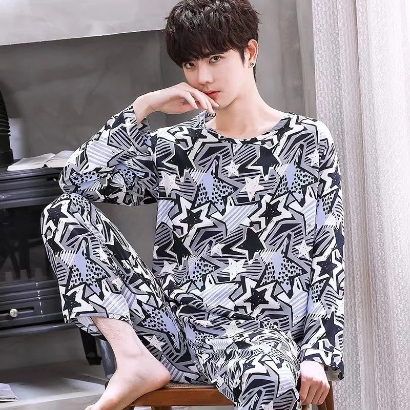 Spring And Summer New Men\'s Short-Sleeved Long Pants Pajamas Boys Students Casual Homewear Men\'s Homewear Suit