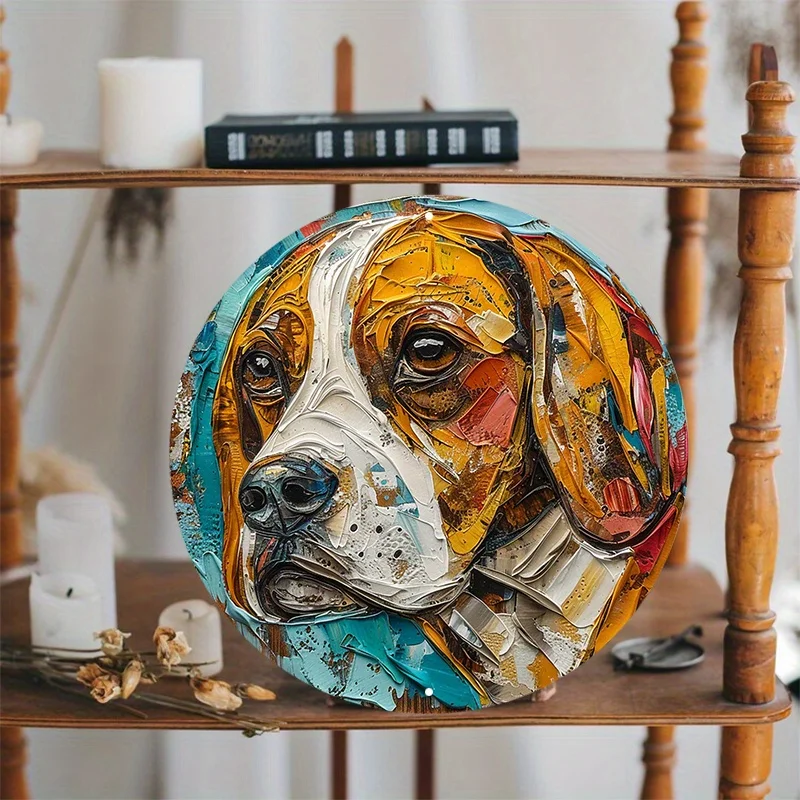 Beagle Abstract Painting Round Metal Sign, Waterproof Aluminum Wall, Weather-Resistant, Indoor and Outdoor Decor Pre-Drilled Hol