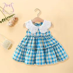 0-4 Y Toddlers Blue Lattice Costume Sweet Children Clothing Summer Baby Girls Sleeveless Dress Lovely Doll Collar Kids' Dresses