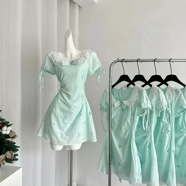 

Dress With Square Collar Hollow Mint Green Waist A-Line Short Skirt Women'S Summer French Style Sweet Dress