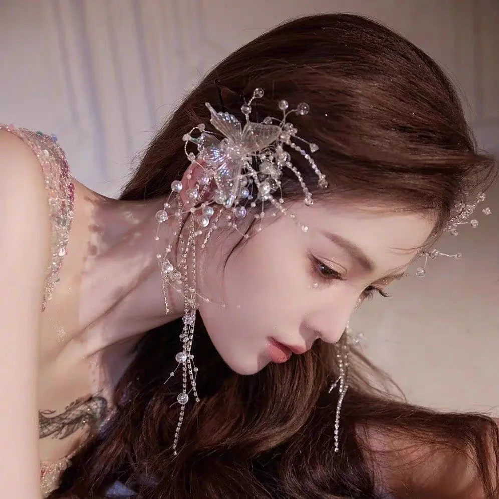 

Crystal Butterfly Wing Hair Clip Hair Tassel Design Chinese Fairy Style Elegant Clip Women's Side Bangs ClipHair Accessory