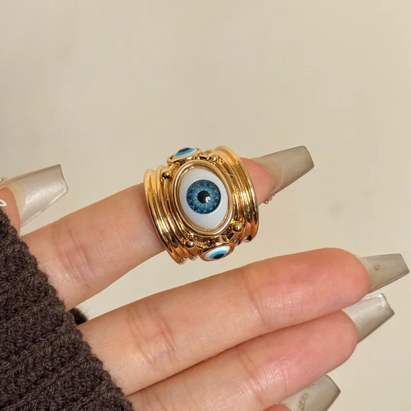 Oversized Metal Evil Eye Wide Ring | Retro Trendy Open Adjustable Ring for Men and Women