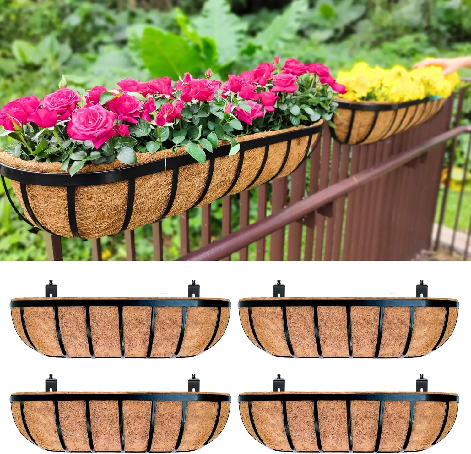 

24 Inch Black Metal Hanging Planters for Deck Railings, 4 Pack with Coco Liners
