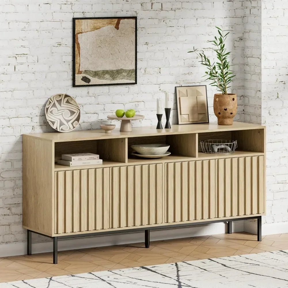 61.4''Fluted Sideboard Cabinet,Wood Buffet Cabinet with Metal Legs,Accent Credenza Storage Cabinet with 4 Doors and Spacious Top