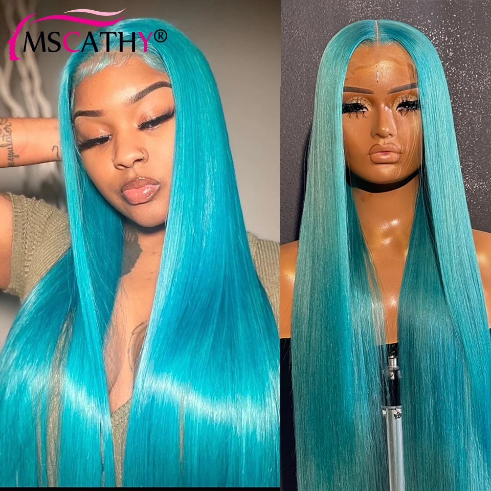 Mint Light Blue Colored Lace Frontal Wigs For Women 13x6 Straight Blue Brazilian Human Hair Wigs 13x4 Transparent Lace Front Wig