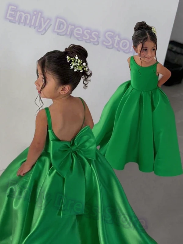 カスタマイズされた紫色のフラワーガールのドレス結婚式のサテンと弓ノースリーブエレガントなふわふわ子供の誕生日初聖体夜会服