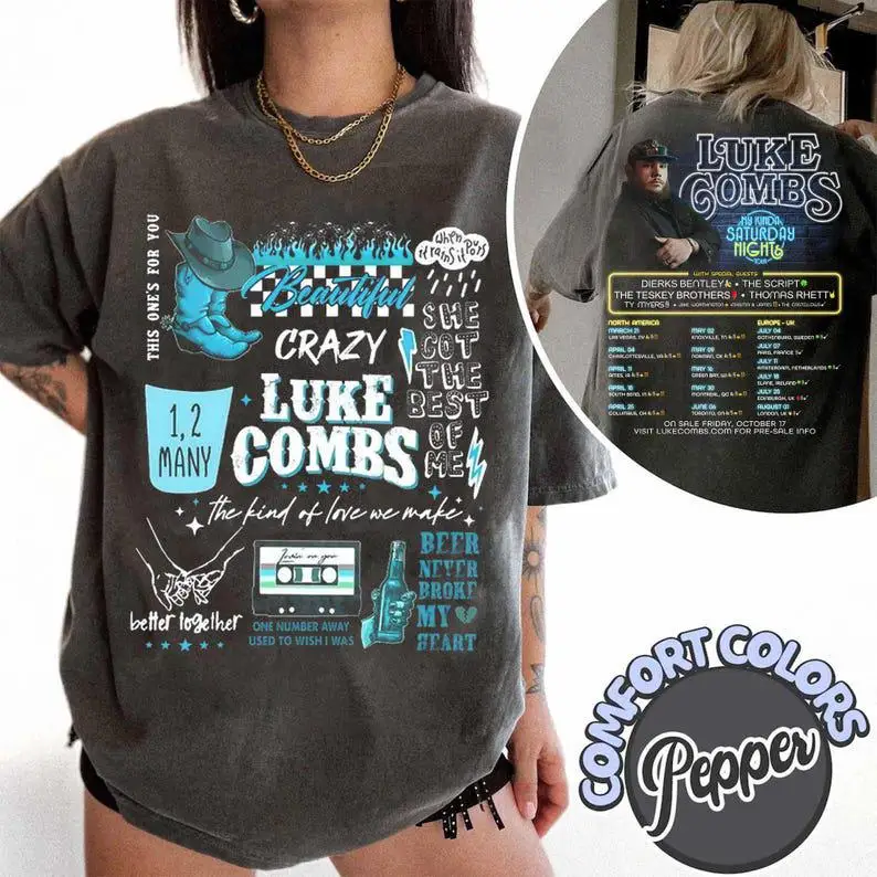 Camiseta Luke Combs My Kinda Saturday Night Tour para homens e mulheres, roupas de algodão de verão, moda casual, gola redonda, manga curta