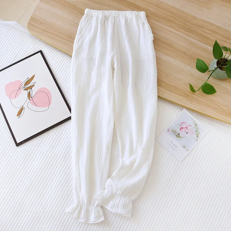 Summer Pajama Pants Womens 100% Cotton Gauze Loose Sleep Bottoms Elastic Waist Solid Lounge Pants Loose Sleepwear Home Wear