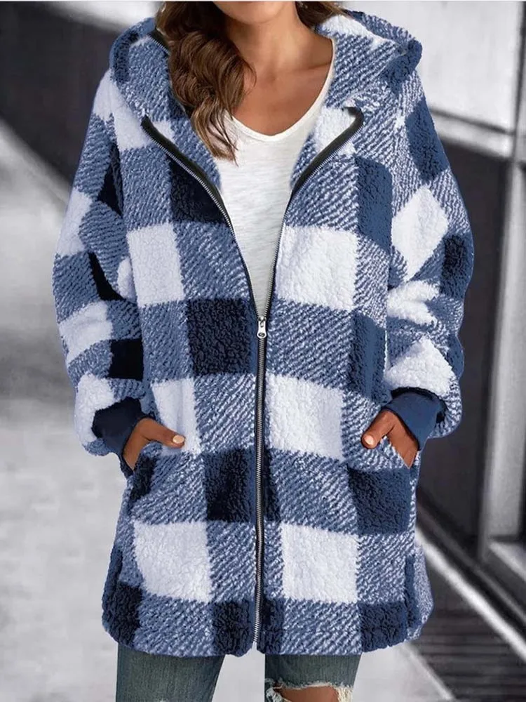 2023 Autumn Winter Plaid Faux Fur Coat Women Teddy Coat Hooded Jackets Female Furry Teddy Bear Plush Jacket Women