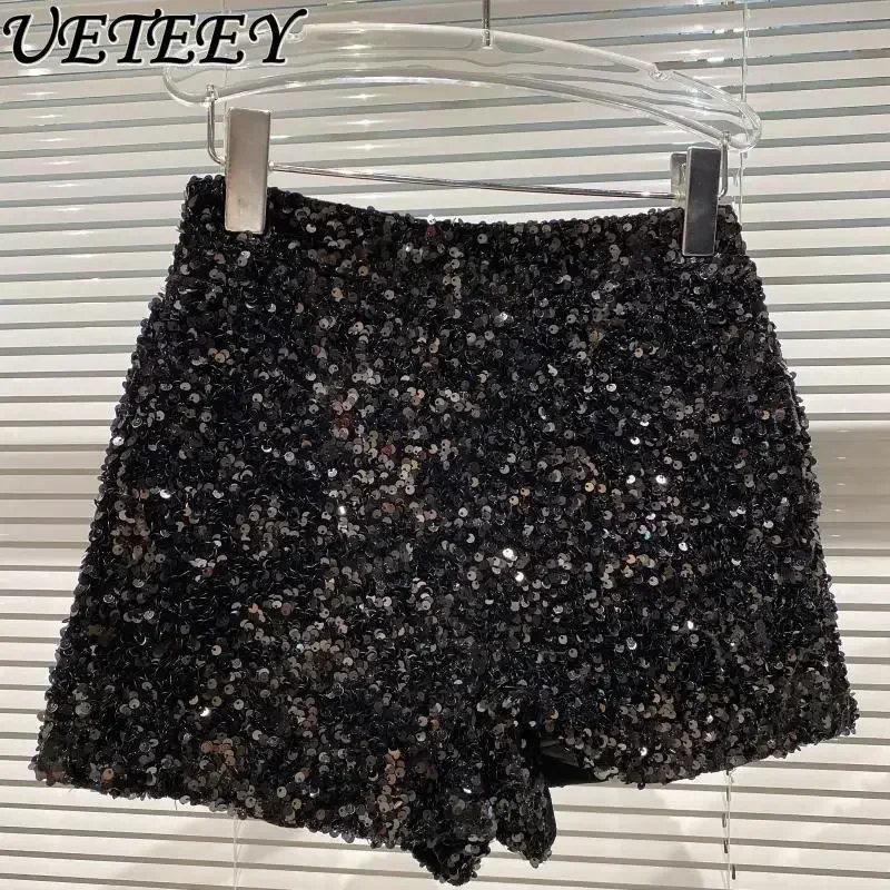 2023 New Summer Autumn New Full Sequined Shiny Casual Shorts Heavy Zipper Nightclub Socialite Short Shorts Hot Pants for Women