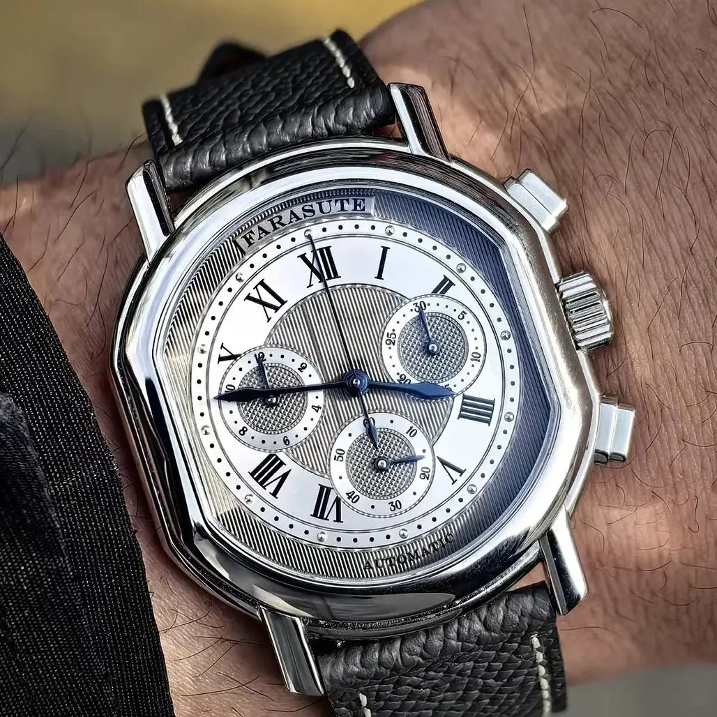 FARASUTE ساعة كرونوغراف للرجال 38 ملم ساعة يد ميكانيكية أوتوماتيكية مرآة الياقوت 5ATM الطاووس 4801 نوافذ ثلاثية
