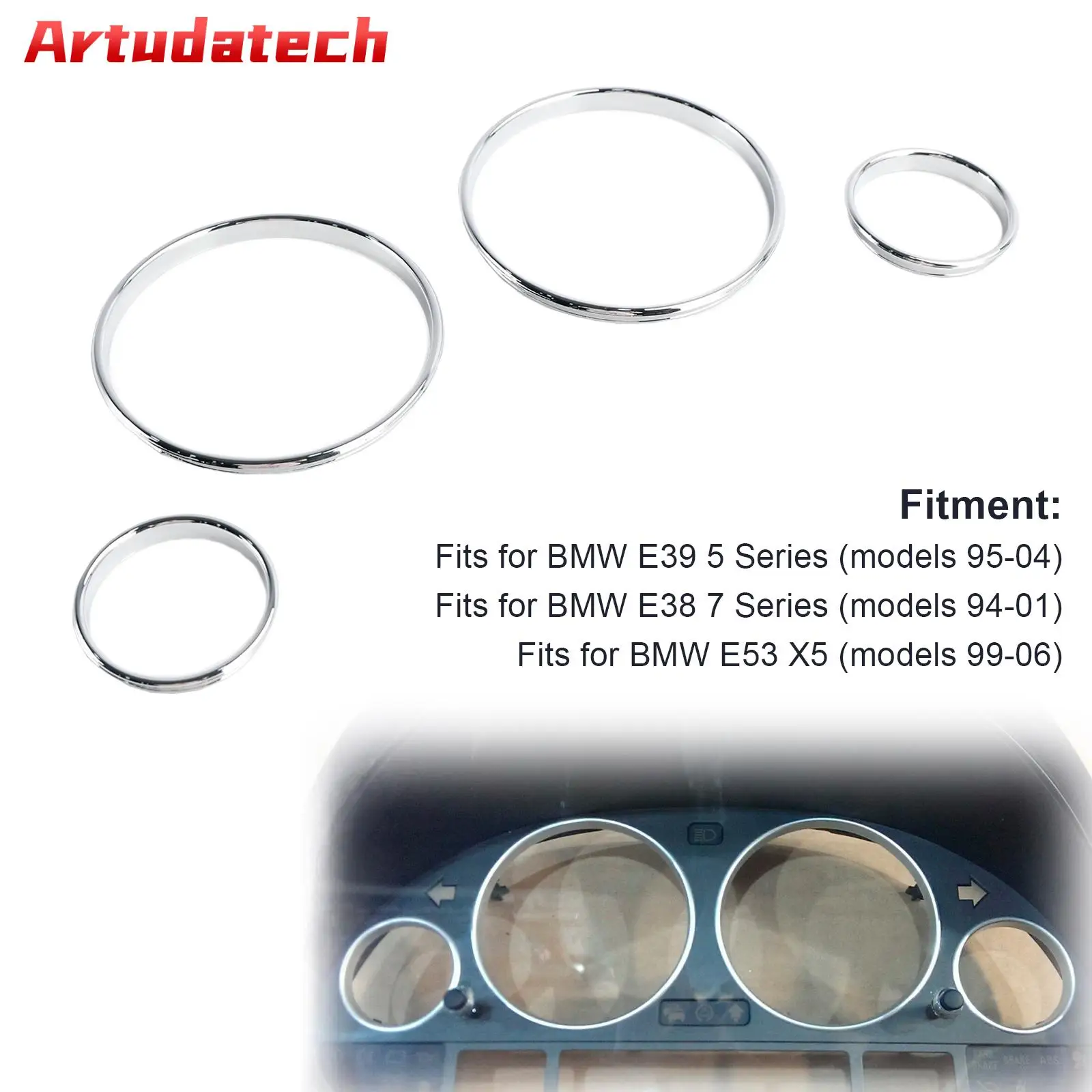 

Artudatech Silver Dash Trim Rings Speedometer Gauge Cluster Panel For BMW E38 E39 E53 X5