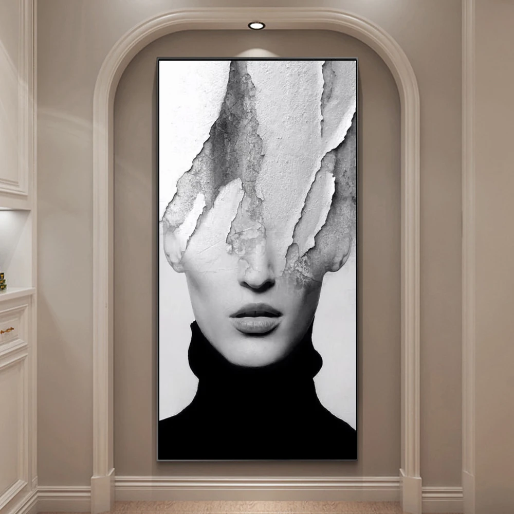 Large Frameless Canvas Wall Art,Abstract Landscape Black And White Half Face Female Face Canvas Painting Art Wall Poster And Mur