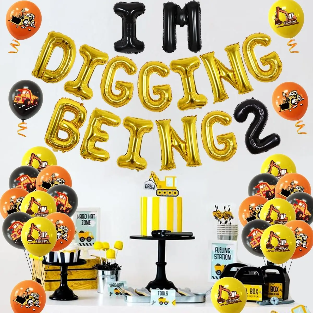 

Joymemo Construction Themed 2nd Birthday Party Decorations with Im Digging Being 2 Foil Balloons Digger Birthday Party Supplies