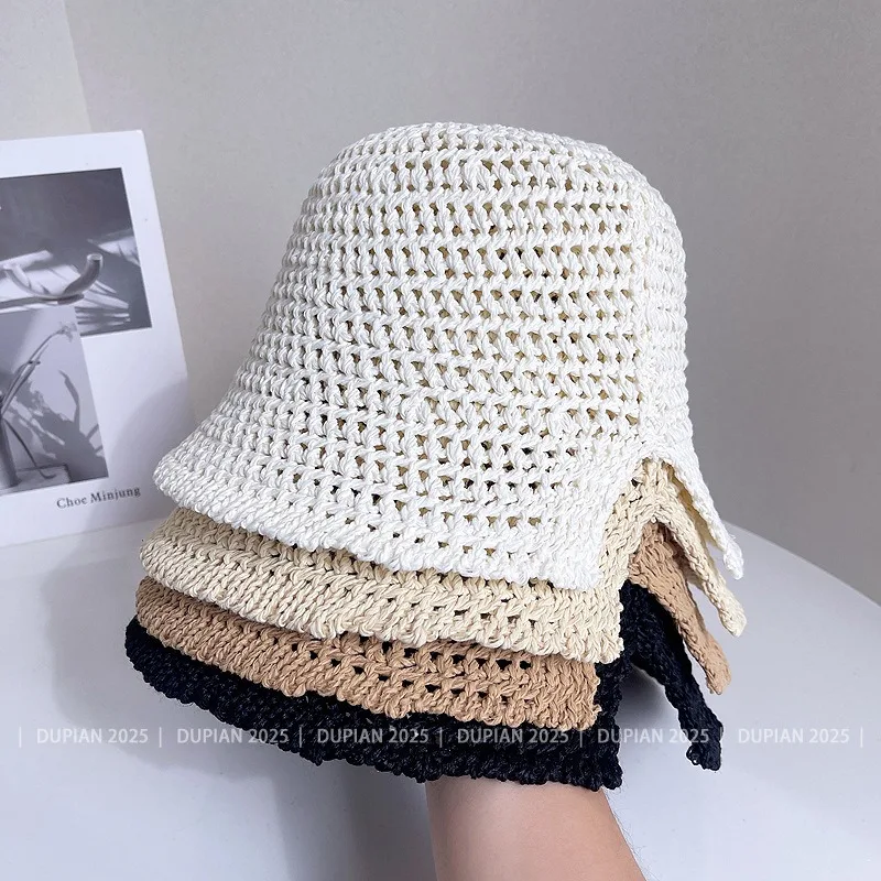 Korean Fashion Simple Versatile Hollow Sun Bucket Hat Women Summer Foldable Knitted Basin Hat Casual Split Fork Basin Hat